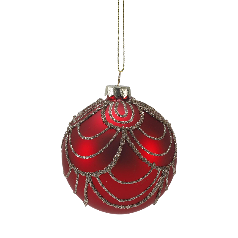 8 cm rote, matte Weihnachtskugel aus Glas mit goldenen Glitzerwirbeln