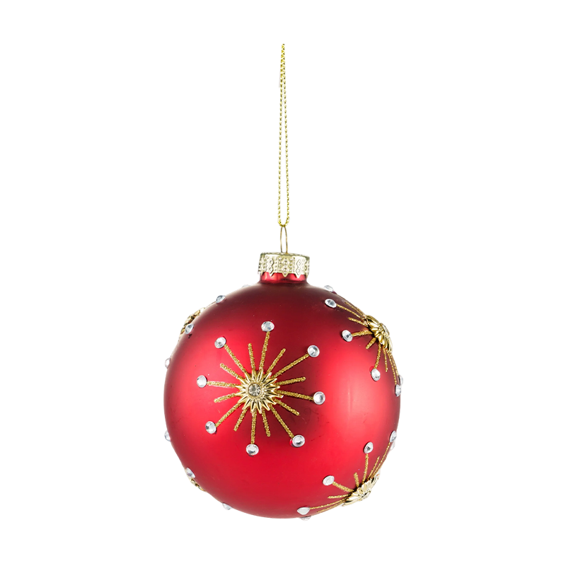 8 cm rote, matte Weihnachtskugel aus Glas mit goldenen Glitzerwirbeln