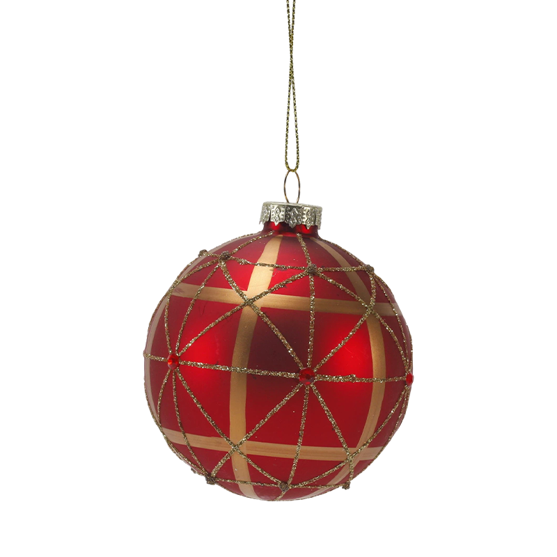 8 cm rote, matte Weihnachtskugel aus Glas mit goldenen Glitzerwirbeln