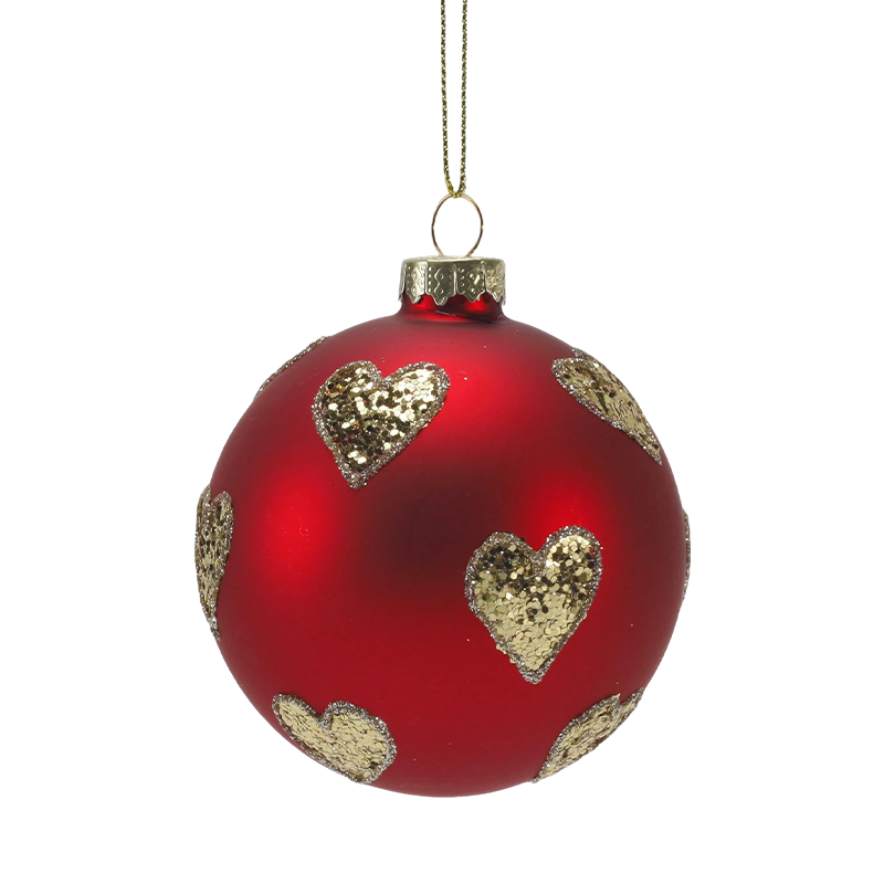 8 cm rote, matte Weihnachtskugel aus Glas mit goldenen Glitzerwirbeln