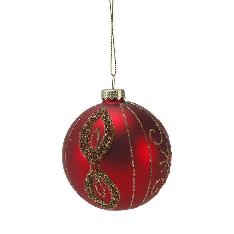 8 cm rote, matte Weihnachtskugel aus Glas mit goldenen Glitzerwirbeln