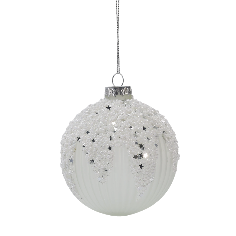 8 cm schneebedeckte, sternenklare Weihnachtskugel aus Glas in Weiß und Silber (einzeln / 3er-Set)
