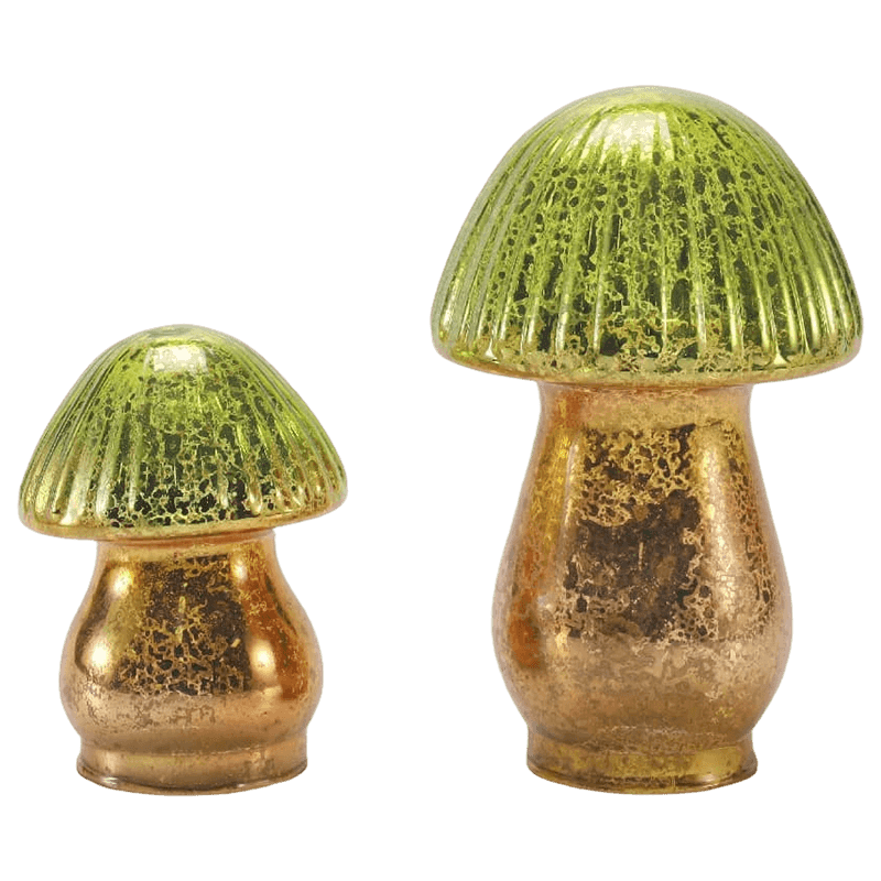 Handgefertigter grün-goldener, gerippter Pilz-Ornament aus Quecksilberglas mit Farbverlauf und LED-Dekoration