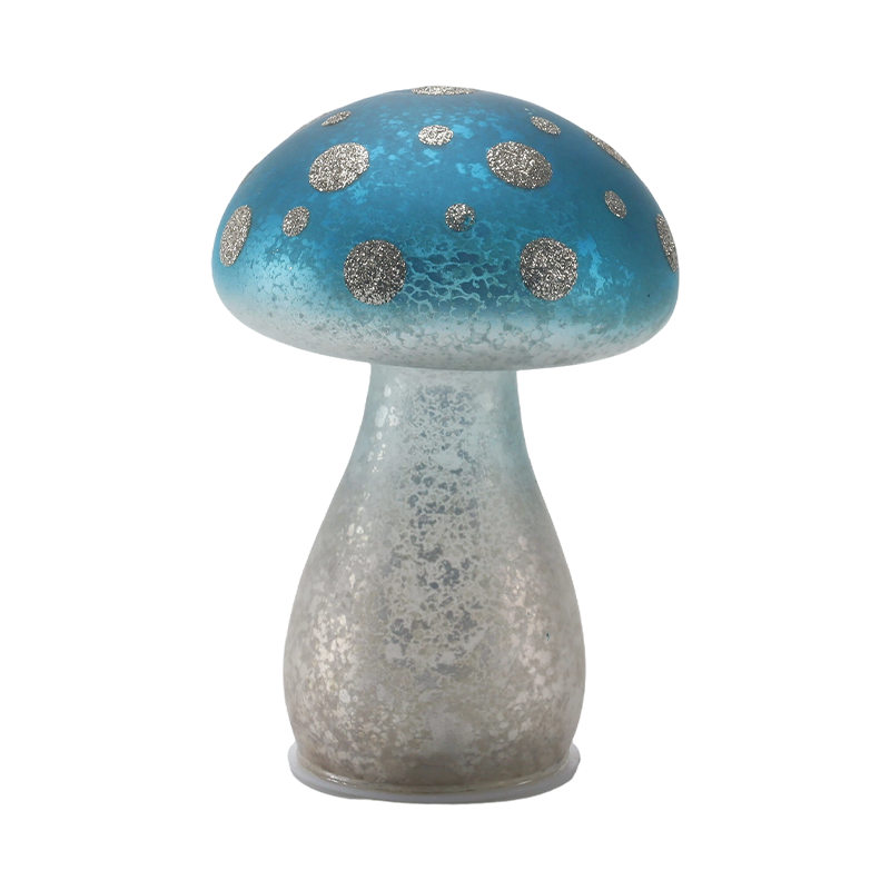 Handgefertigter, blauer Milchglas-Pilzornament mit silbernen Glitzerpunkten und LED-Dekoration