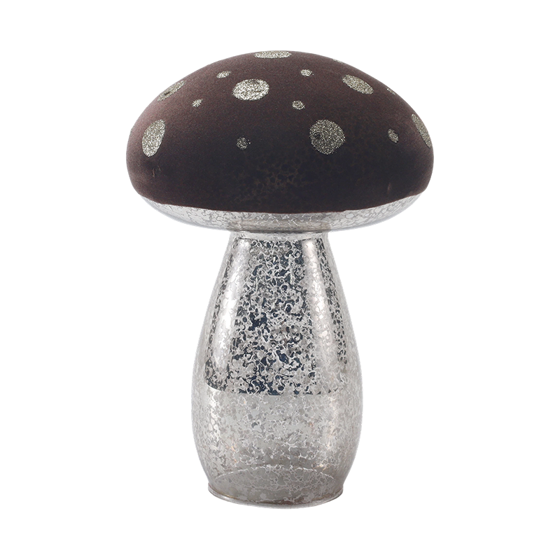 Handgefertigtes Pilzornament aus braunem Milchglas/Samtoberseite mit silbernen Glitzerpunkten und LED-Dekoration