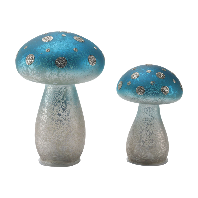 Handgefertigter, blauer Milchglas-Pilzornament mit silbernen Glitzerpunkten und LED-Dekoration