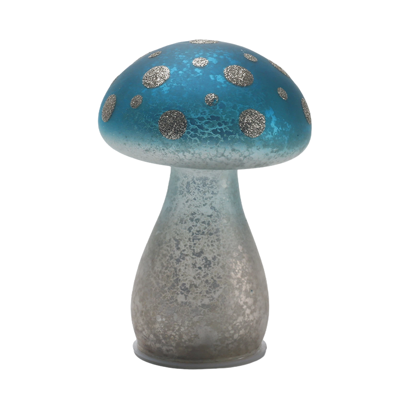 Handgefertigter, blauer Milchglas-Pilzornament mit silbernen Glitzerpunkten und LED-Dekoration