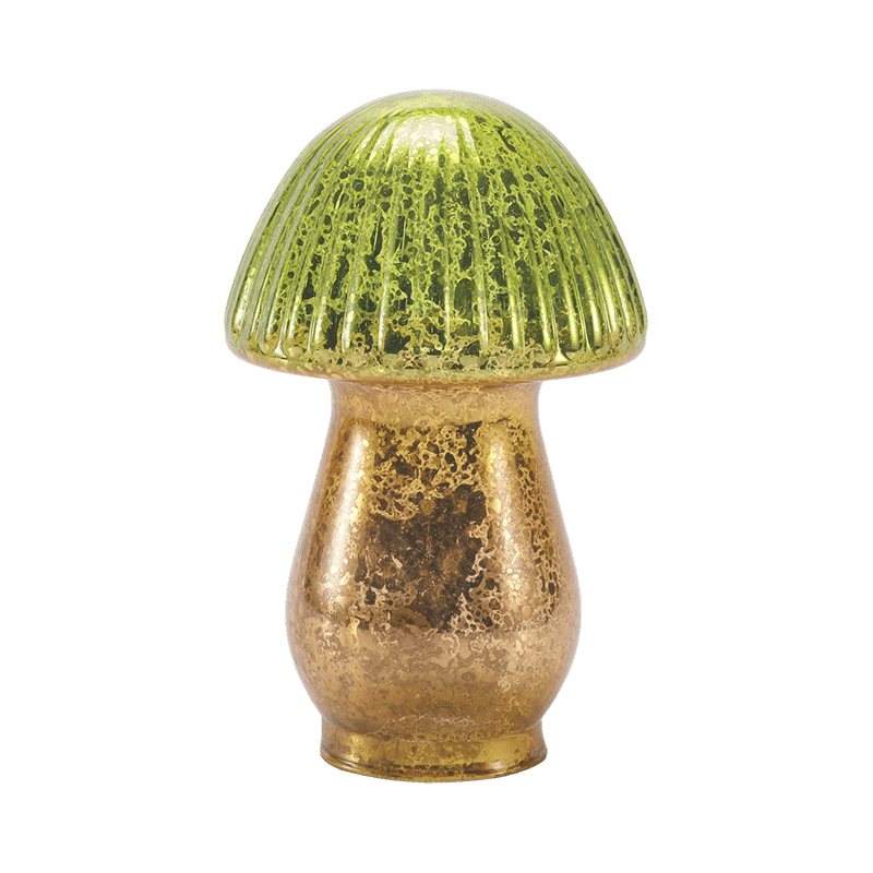 Handgefertigter grün-goldener, gerippter Pilz-Ornament aus Quecksilberglas mit Farbverlauf und LED-Dekoration