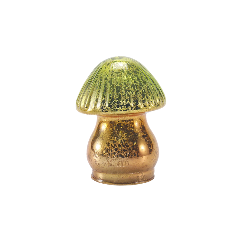 Handgefertigter grün-goldener, gerippter Pilz-Ornament aus Quecksilberglas mit Farbverlauf und LED-Dekoration