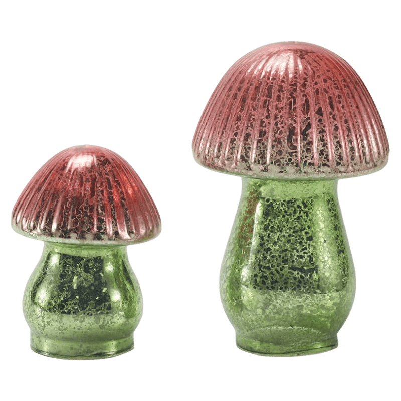 Handgefertigtes, rot-grünes, geripptes Quecksilberglas-Pilzornament mit Farbverlauf und LED-Dekoration