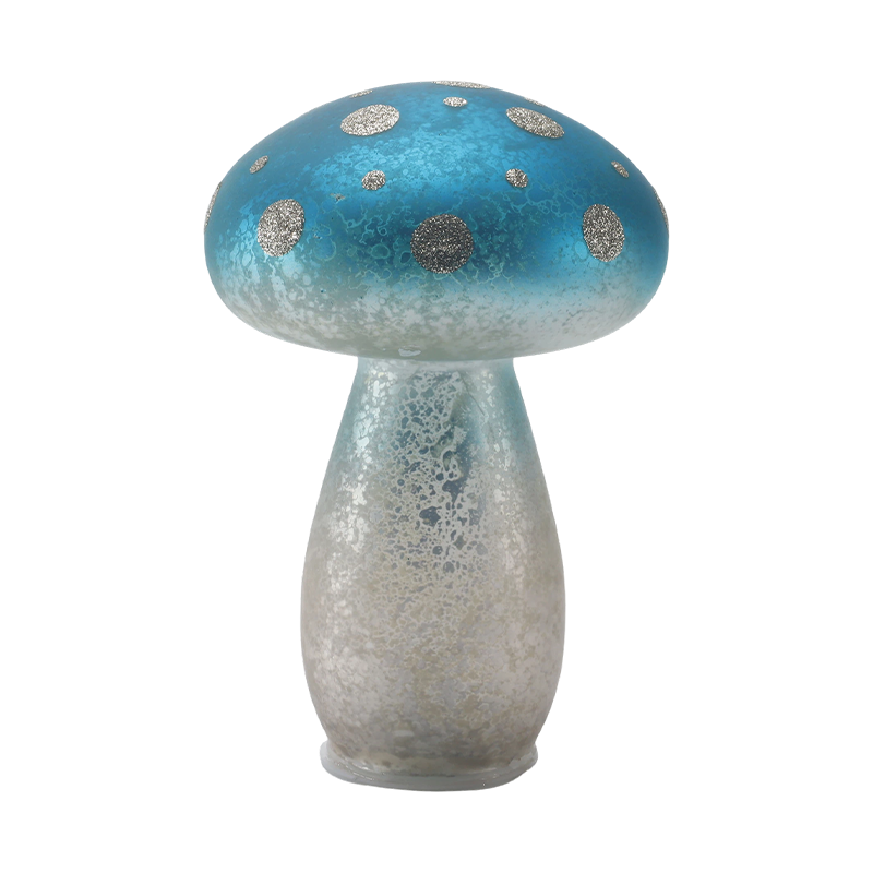 Handgefertigter, blauer Milchglas-Pilzornament mit silbernen Glitzerpunkten und LED-Dekoration