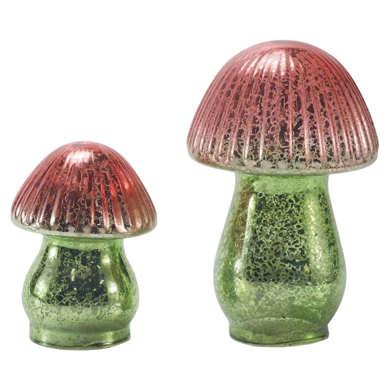 Handgefertigtes, rot-grünes, geripptes Quecksilberglas-Pilzornament mit Farbverlauf und LED-Dekoration