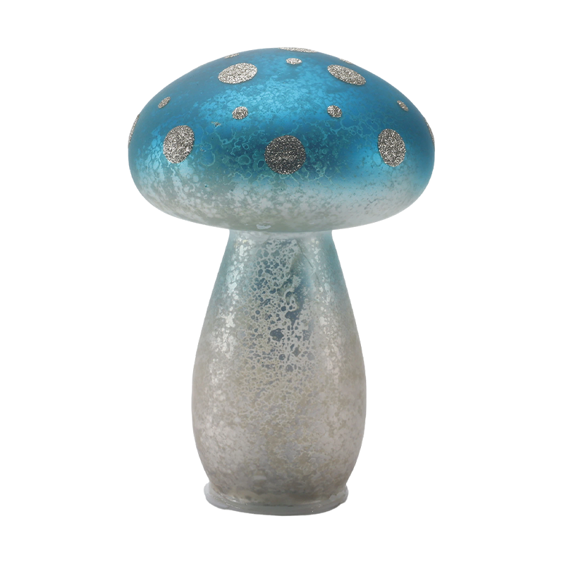 Handgefertigter, blauer Milchglas-Pilzornament mit silbernen Glitzerpunkten und LED-Dekoration