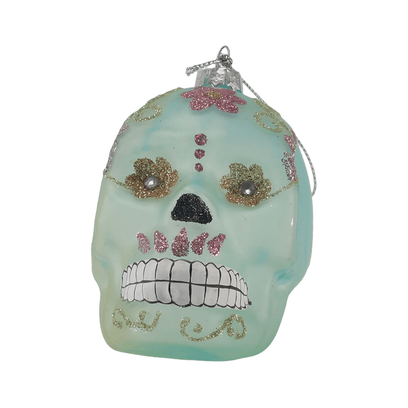 Schillerndes Totenkopf-Dekor/Zuckerschädel-Glasornament-Set