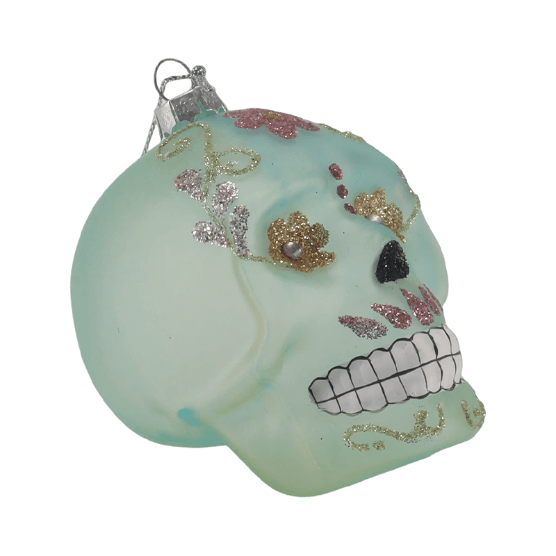 Schillerndes Totenkopf-Dekor/Zuckerschädel-Glasornament-Set